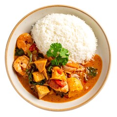 Bowl of vibrant curry with white rice, fish, shrimp, and vegetables in a warm-toned sauce