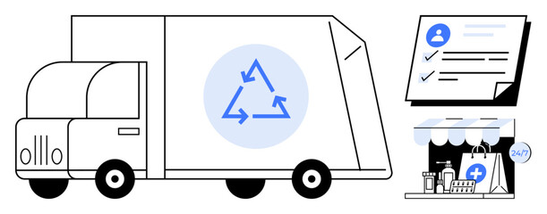 Recycling truck carrying eco-friendly products, checklist highlighting tasks, storefront with goods. Ideal for sustainability, logistics, delivery, waste management, retail, environmental awareness