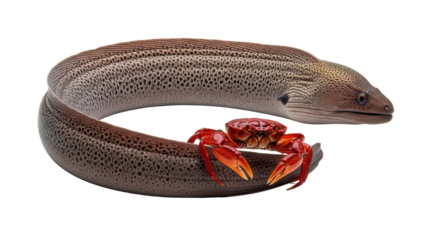 Brown Moray Eel Curled with Red Crab Product Shot isolated PNG with Transparent Background