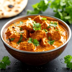 Bowl of orange-hued curry with green cilantro garnish, alongside flatbread on a dark surface