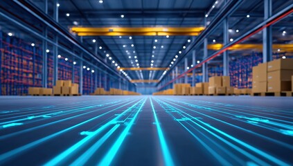 Connected lines on the floor of a large, high-tech distribution warehouse depicting automated systems, smart technology, and modern inventory management