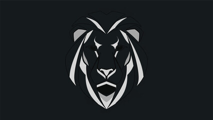 Obraz premium Geometric lion head emblem, minimalist design, striking contrast, dark background, bold lines, artistic representation.