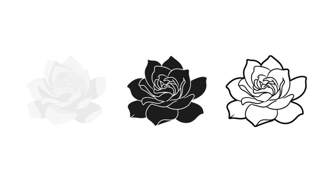 Minimalist illustration set of gardenia silhouettes, Symbolizing beauty and fragrance, flat vector design illustration.