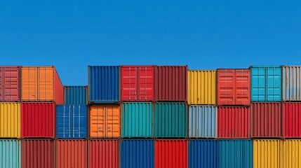 Fototapeta premium Stacked shipping containers in vibrant colors against a blue sky, representing global trade, cargo transport, and the supply chain