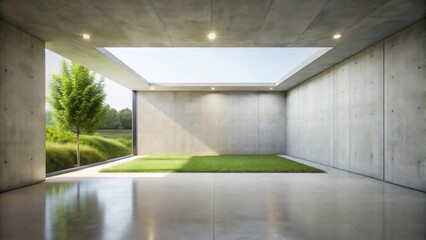 Serene indoor garden space with polished concrete floors, minimalist design, and natural light from a skylight, offering a tranquil and modern atmosphere.