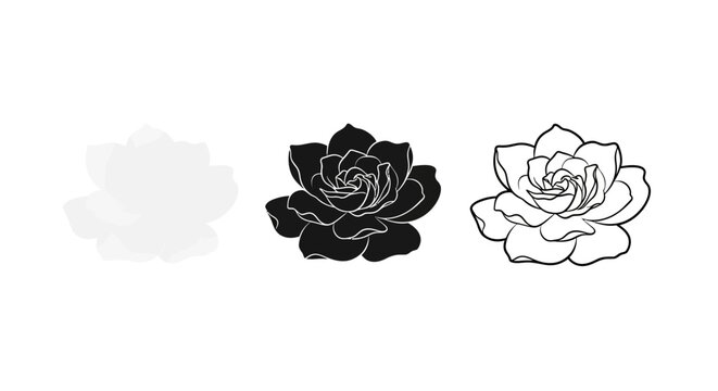 Minimalist illustration set of gardenia silhouettes, Symbolizing beauty and fragrance, flat vector design illustration.