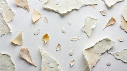 Abstract Composition of Tattered Paper and Delicate Botanical Elements Arranged on a Neutral Surface