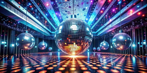 Disco Ball Celebration Mirrored Spheres Reflecting Vibrant Lights in a Festive Setting
