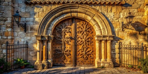 Ornate Wooden Doorway in Sunlit Stone Archway with Decorative Metalwork and Gated Entry