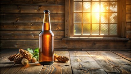 Rustic wooden setting showcasing a bottle of amber beverage alongside pine cones and greenery, bathed in the warm glow of sunlight streaming through a window.