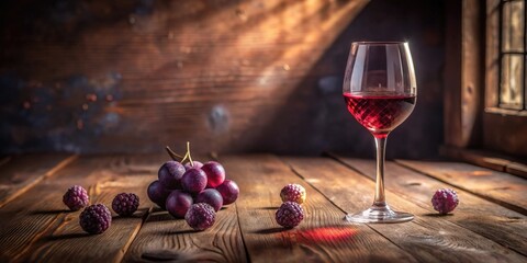 Rustic Still Life Featuring a Glass of Red Wine and Dark Berries on a Wooden Table