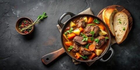 Savory Beef Stew with Root Vegetables in Cast Iron Pot, Served with Crusty Bread
