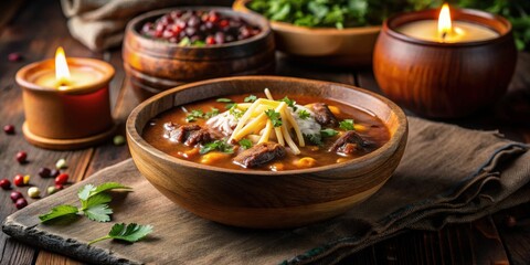 Hearty Autumnal Stew Served in Rustic Wooden Bowl with Candles