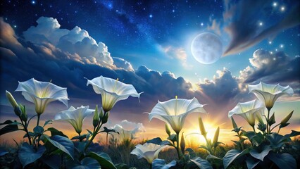 Serene moonlit blossoms bathed in the golden hour's gentle embrace, under a celestial canvas of stars and clouds