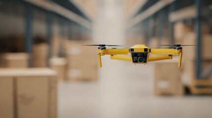 Yellow drone flying inside a modern warehouse, scanning inventory and managing logistics. Automated technology improving efficiency and delivery