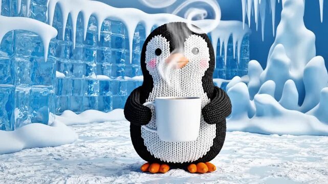 Cute crochet penguin animation holding hot drink in icy winter scene
