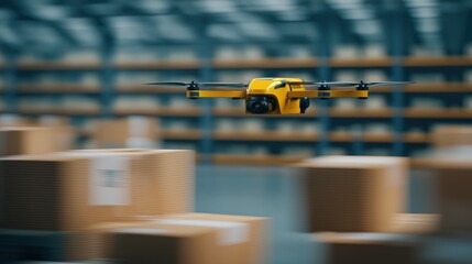 Yellow drone with camera flying between boxes in a modern smart warehouse, managing inventory and optimizing logistics