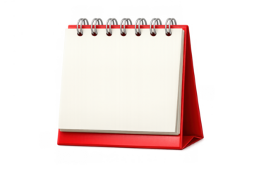 Blank desk spiral calendar standing on red base with empty white pages for planning events and scheduling agenda