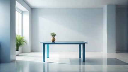 A minimalist room interior design featuring a powder blue rectangular table, a potted plant, and sunlight streaming through a large window