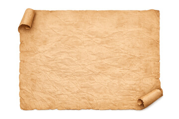 Aged parchment scroll with distressed texture and curled edges on a transparent background
