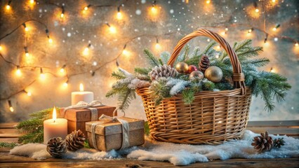A Festive Winter Basket Filled with Evergreen Branches, Ornaments, and Pine Cones, Flanked by Gifts and Burning Candles, Illuminated by Warm String Lights