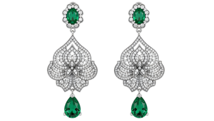 Luxurious green emerald and white diamond chandelier drop earrings jewelry design element isolated PNG with Transparent Background