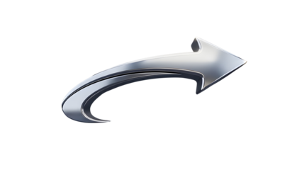 3D shiny silver chrome arrow symbol representing growth, direction, movement, and success concept isolated PNG with Transparent Background