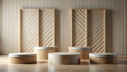 Elegant Minimalist Wooden Display with Circular Platforms and Geometric Panels