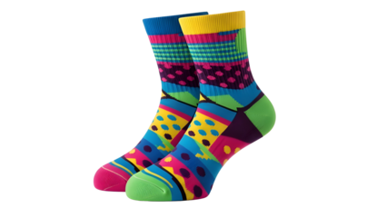 Pair of brightly colored abstract patterned socks for fashion, retail, and sportswear advertising. isolated PNG with Transparent Background