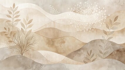 Serene Landscape with Abstract Botanical Elements and Undulating Hills in Earthy Tones