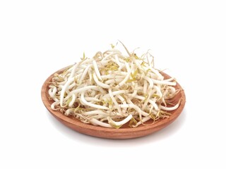 Fresh raw mung bean sprouts on a wooden plate isolated on white background. perfect for food and nutrition concepts. High angle view 