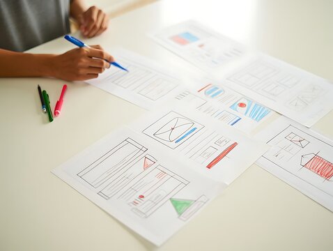 person drawing website wireframes with colorful markers on paper