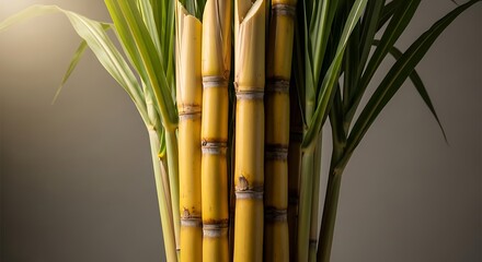 Fototapeta premium Freshly harvested sugarcane stalks with green leaves