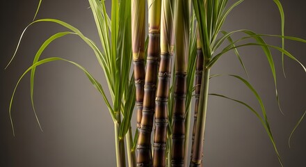 Obraz premium Close up of wet sugarcane stalks with green leaves against a grey background