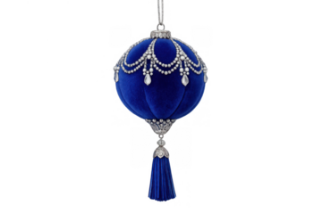 Blue velvet christmas ornament with silver details, crystals, and tassel, hanging elegant holiday decoration