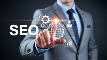 Businessman interacts with SEO digital interface with gears and globe icons search engine optimization