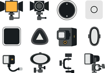 Essential Studio Lighting and Camera Equipment Vector Icon Set