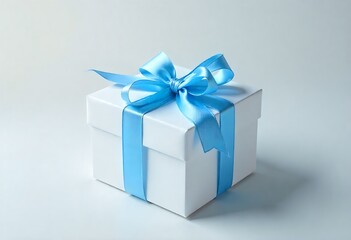 Obraz premium Three-dimensional blank gift card with elegant blue bow on subtle gray background, ideal for birthday, anniversary, wedding promotions, branding, mockups, festive greetings, and marketing designs.