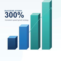 Business success story 300 percent growth bar chart with consistent upward arrow strategy on light background