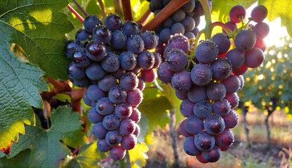 Clusters of ripe purple grapes hang from a vine, glistening with morning dew. Sunlight filters through lush green leaves, creating a serene vineyard scene.