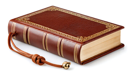 Leather Bound Book With Gold Detailing Resting on a White Background Near a Brown Cord
