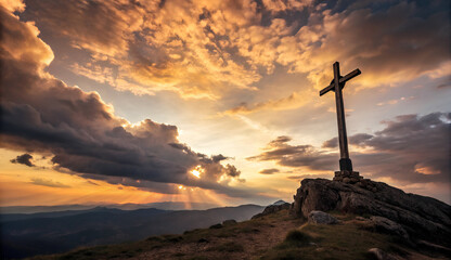 A large cross stands on a rocky hill at sunset, with dramatic clouds and sun rays in the background, creating a serene and contemplative atmosphere.