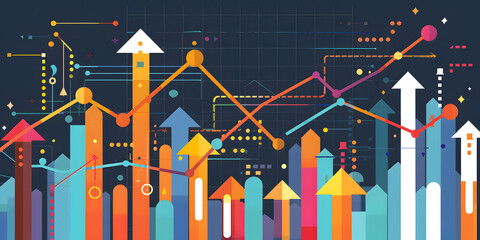 Dynamic illustration depicts abstract financial trends with rising arrows and colorful line graphs on a dark background, indicating growth and progress in business or data visualization