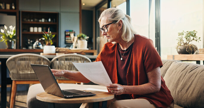 Documents, laptop and senior woman on sofa in home planning for retirement fund with savings. Paperwork, computer and elderly female person with finance budget for pension account in living room.