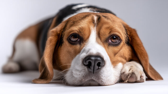 A sad and tired beagle dog lies on the floor looking down