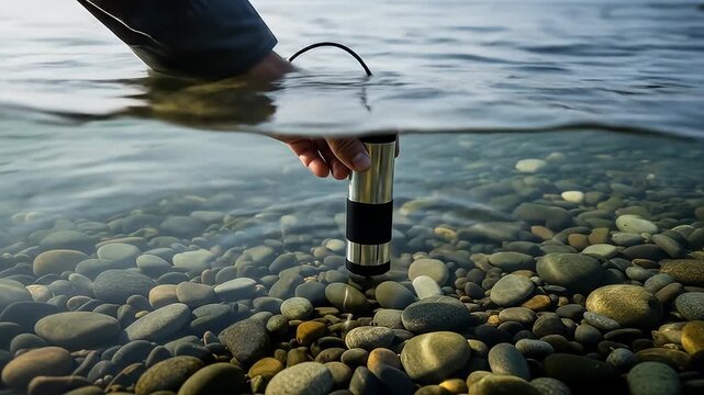 Scientist Hand Submerges Water Quality Testing Device Into Clear River Water Over Smooth Colorful Rocks Sunlight Shines On Water Surface Creating Ripples