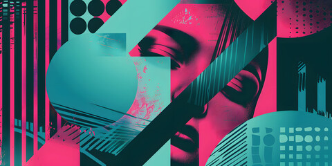An abstract graphic composition presents the partial face of a person integrated into geometric shapes and bold lines; the color palette blends teal, magenta, and dark hues, forming a modern design...