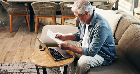 Documents, laptop and senior man on sofa in home planning for retirement fund with savings. Paperwork, computer and elderly male person with finance budget for pension account in living room.