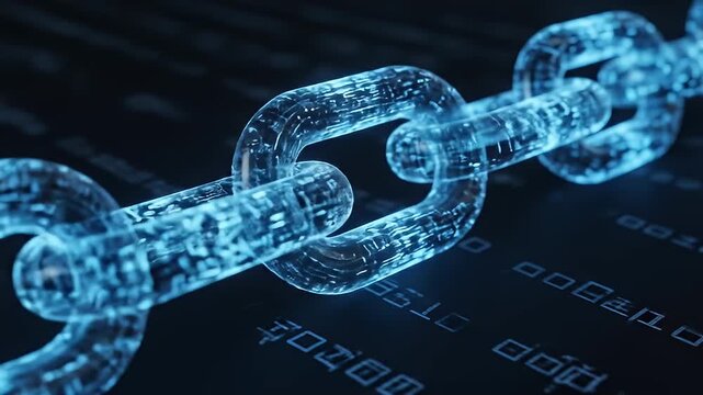 Digital Blockchain Network of Glowing Transparent Blue Interconnected Chain Links with Binary Code Data Flowing in Dark Futuristic Abstract Background Illuminated by Cool Neon Light