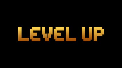 Retro pixelated "Level Up" text glows with achievement, inspiring progress and victory. Motion graphics of gaming concept.